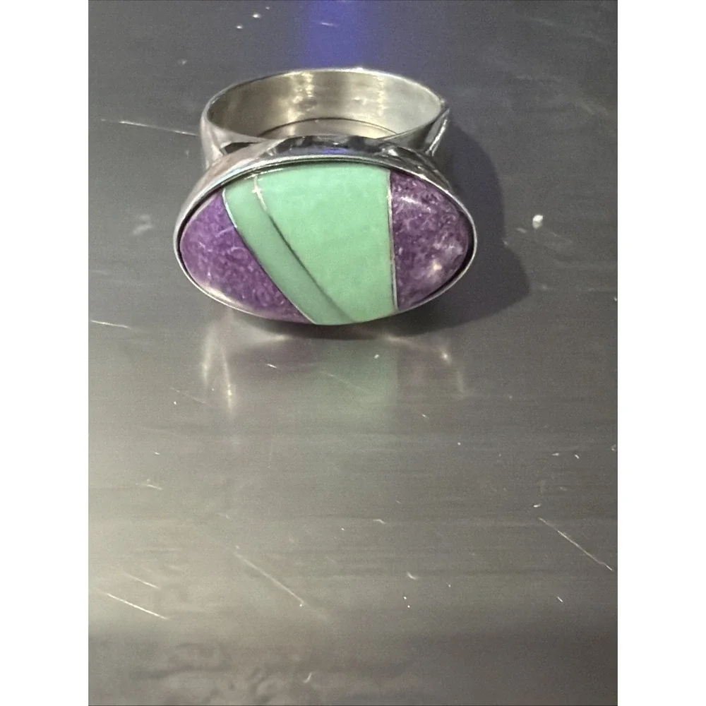 Vtg Jay King DTR Sterling Silver Charoite Aventurine Mosaic Band Ring 925 Size 7